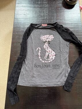 Girls' Grey Long-Sleeve Top with Pink Floral Cat